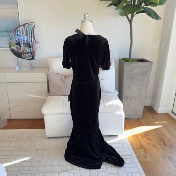 NWT Lulus Elegant Evenings Black Velvet Flutter Sleeve Trumpet Maxi Dress Size L - Picture 6 of 9